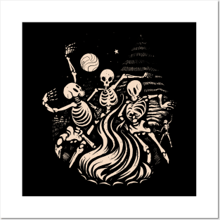 Skeletons Dancing Around a fire under the moon Posters and Art